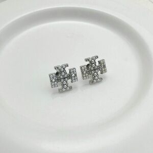 Tory Burch Elegant Silver Stud Earrings with Pearl and Diamond